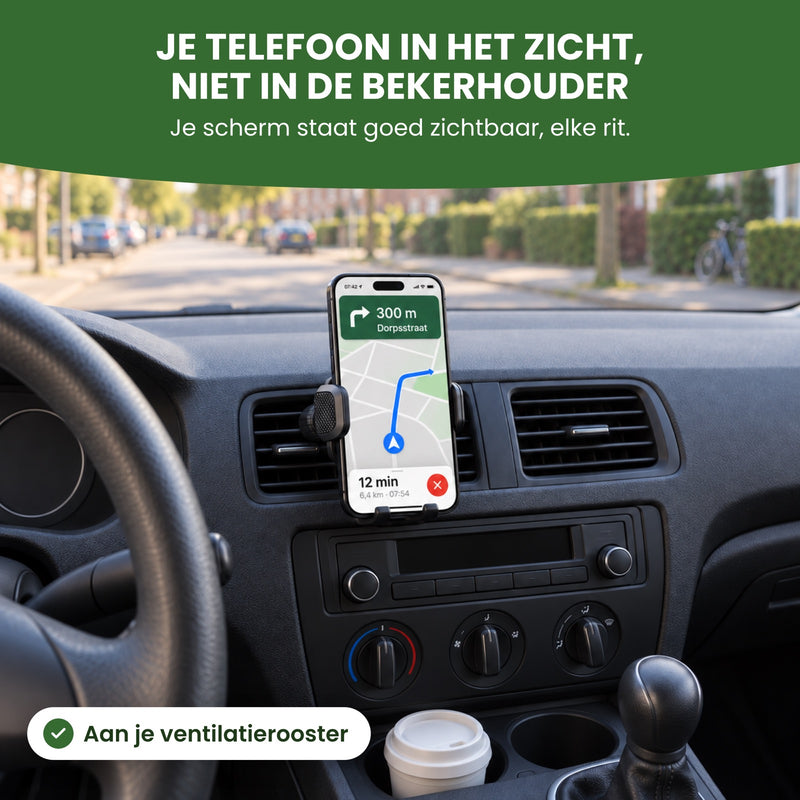 Topk telefoonhouder met navigatie op de telefoon aan het rooster naast het stuur: je telefoon in het zicht, niet in de bekerhouder
