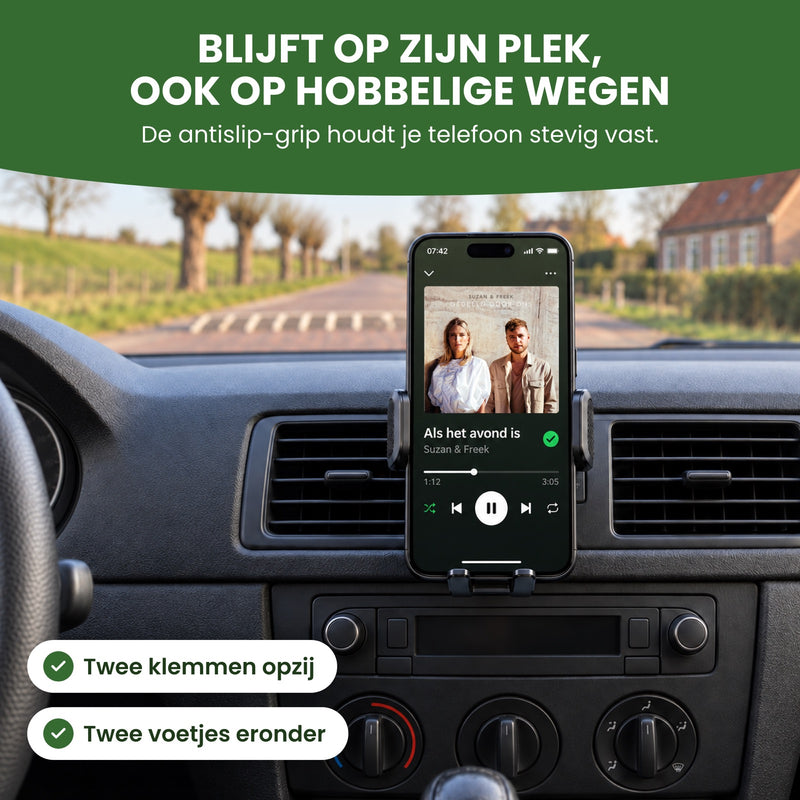 Telefoon met muziek in de Topk houder op een klinkerweg met een drempel: blijft op zijn plek, ook op hobbelige wegen