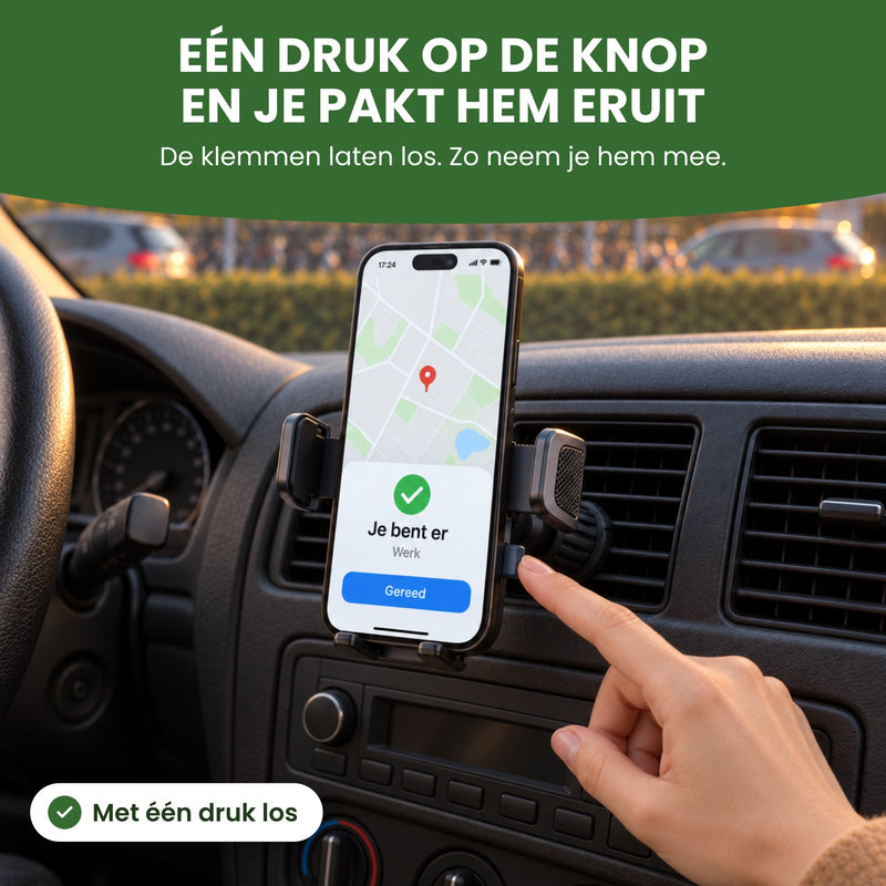 Vinger drukt op het knopje van de Topk houder in een geparkeerde auto, de klemmen staan open: één druk op de knop en je pakt je telefoon eruit