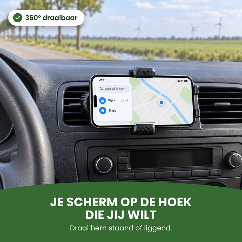 Telefoon liggend in de Topk houder met een polderweg achter de voorruit: je scherm op de hoek die jij wilt, staand of liggend