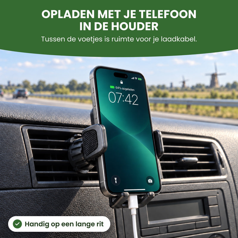 Laadkabel loopt tussen de twee voetjes van de Topk houder naar de telefoon: opladen met je telefoon in de houder