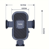 Zwarte Topk™ telefoonhouder met uitschuifbare zijklemmen en afmetingen van 13,4 x 10,7 cm weergegeven.