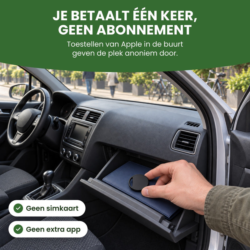 Hand legt de TrackGuard in het dashboardkastje, buiten lopen mensen langs de auto: je betaalt één keer, geen abonnement, geen simkaart