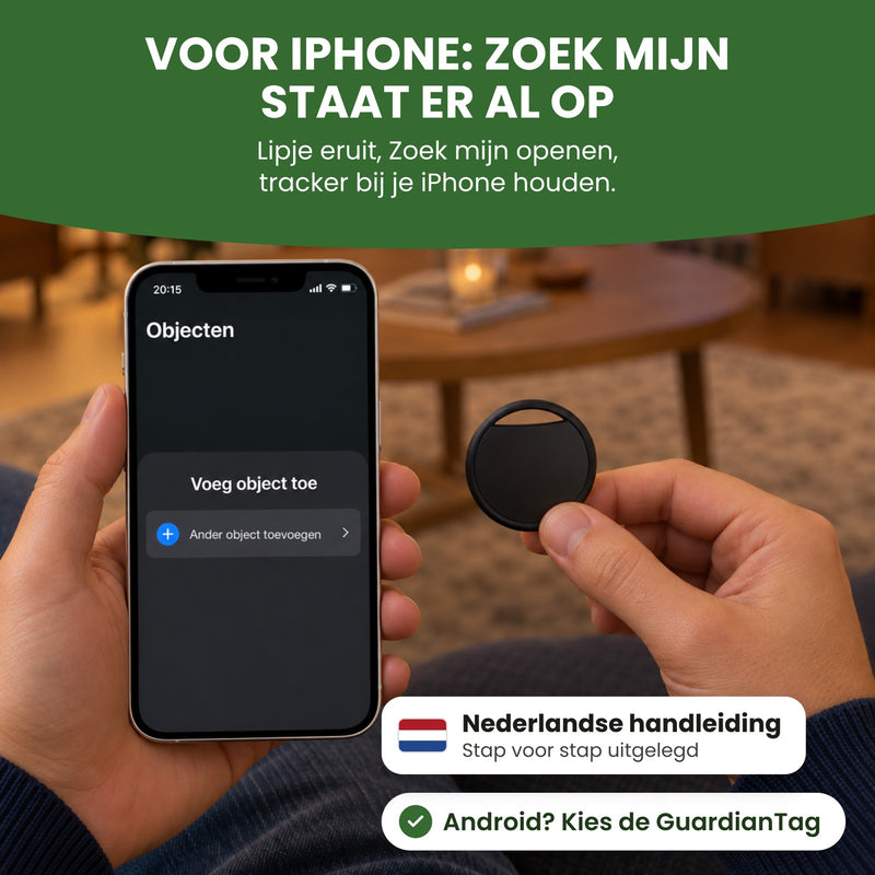 TrackGuard in een hand naast een telefoon met Voeg object toe, label Nederlandse handleiding: voor iPhone, Zoek mijn staat er al op