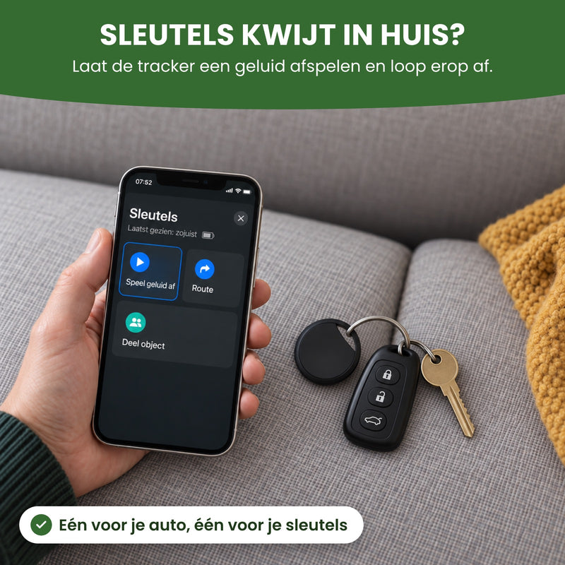 Sleutelbos met autosleutel en TrackGuard op de bank, telefoon met Speel geluid af: sleutels kwijt in huis, loop op het geluid af