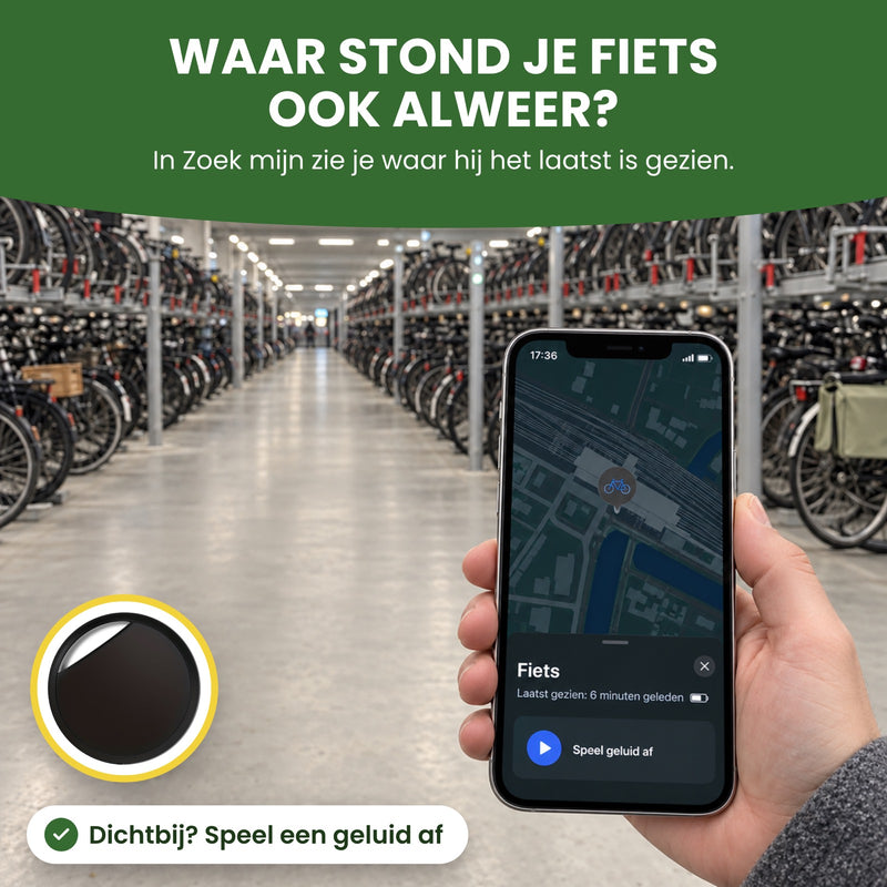 Volle fietsenstalling, een hand met een telefoon met de tracker Fiets op de kaart: zie waar je fiets het laatst is gezien