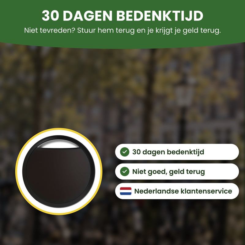 De ronde matzwarte TrackGuard in een cirkel, met Nederlandse klantenservice: 30 dagen bedenktijd, niet goed geld terug