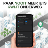 TrackGuard gps-tracker locatie zichtbaar op iPhone-scherm met stadsillustratie op achtergrond.