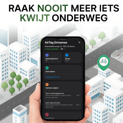 TrackGuard gps-tracker locatie zichtbaar op iPhone-scherm met stadsillustratie op achtergrond.
