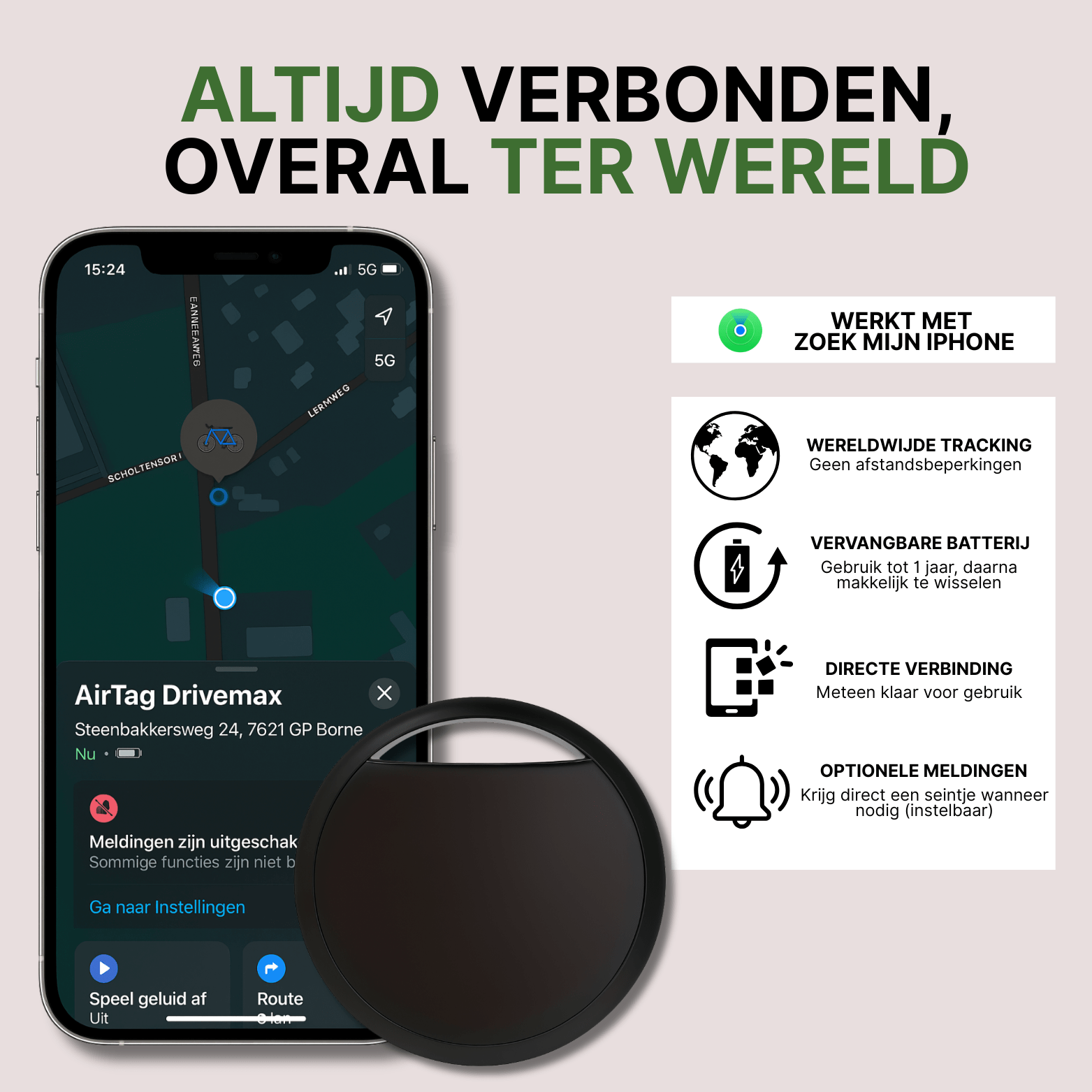 Zwarte TrackGuard gps-tracker met iPhone-scherm en informatie over wereldwijde tracking en directe verbinding.