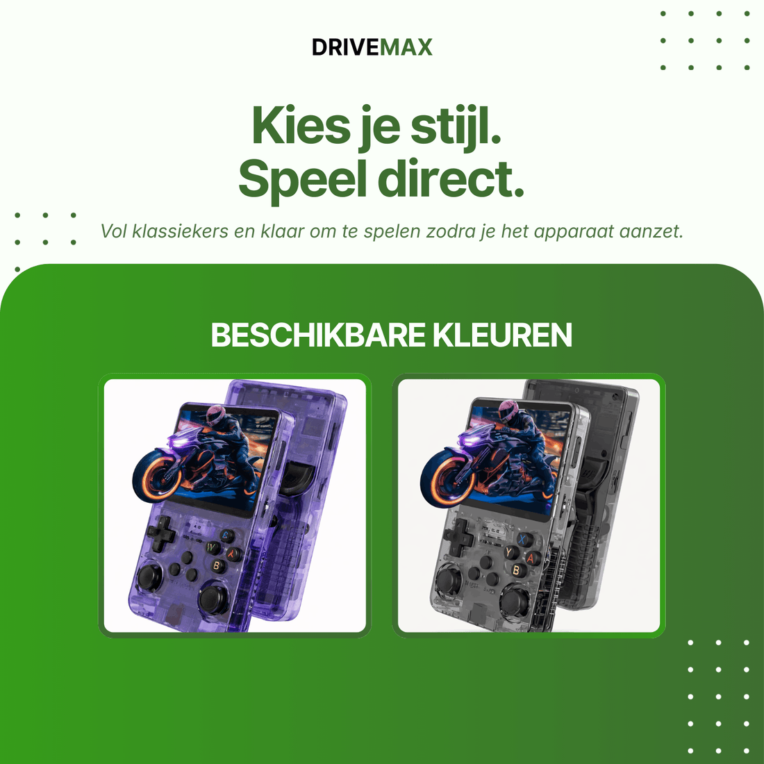 Transparante handheld gameconsole verkrijgbaar in paars en grijs, met knoppen en scherm voor retro gaming.