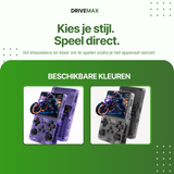 Transparante handheld gameconsole verkrijgbaar in paars en grijs, met knoppen en scherm voor retro gaming.
