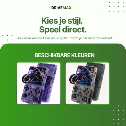 Transparante handheld gameconsole verkrijgbaar in paars en grijs, met knoppen en scherm voor retro gaming.