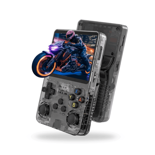 Transparante handheld gameconsole met ingebouwde knoppen en scherm met motorfietsgame in actie.