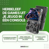 Transparante handheld gameconsole met knoppen en scherm waarop een motorfietsgame wordt gespeeld.