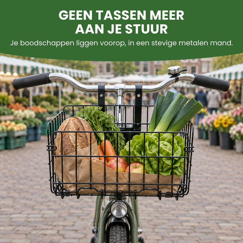 Trego fietsmand met brood, prei en sla voorop een stadsfiets op de weekmarkt, het stuur vrij: geen tassen meer aan je stuur