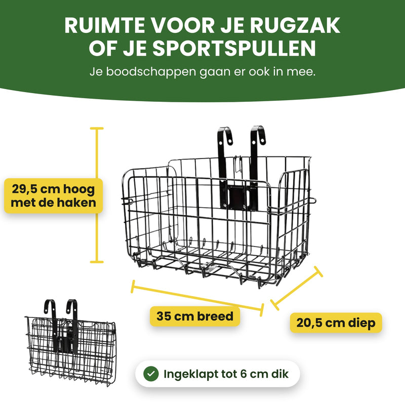 Trego fietsmand op wit met maatlijnen: 35 cm breed, 20,5 cm diep, 29,5 cm hoog met de haken, ingeklapt 6 cm dik. Ruimte voor je rugzak