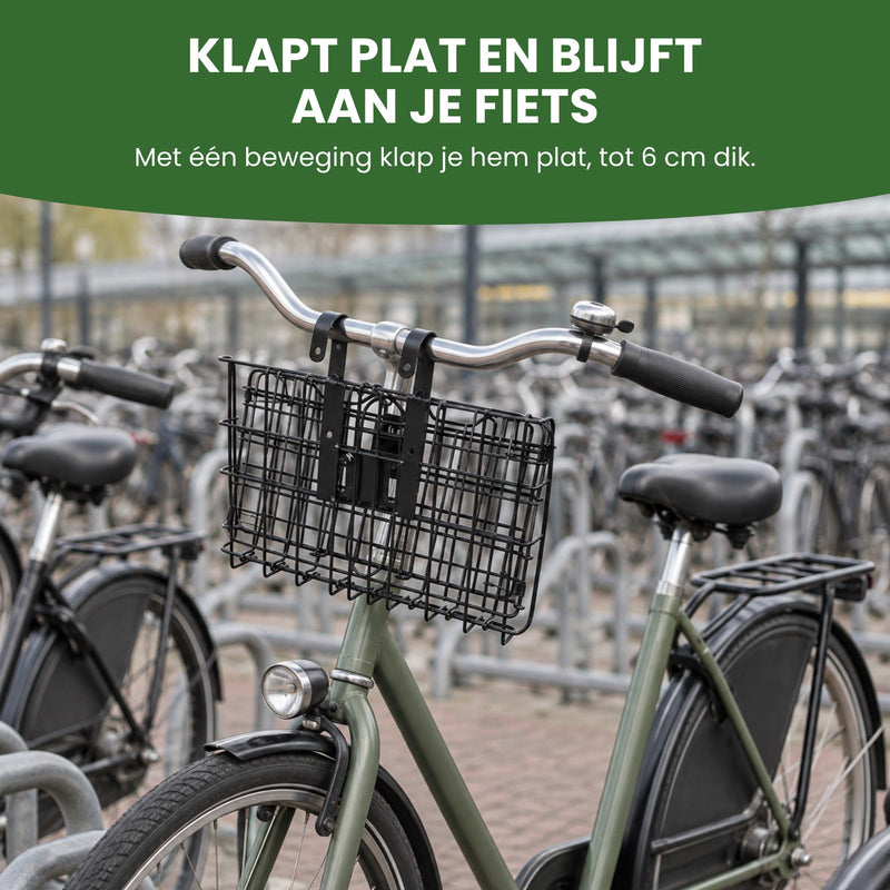 Trego fietsmand plat ingeklapt aan het stuur van een stadsfiets in een fietsenstalling: klapt plat en blijft aan je fiets