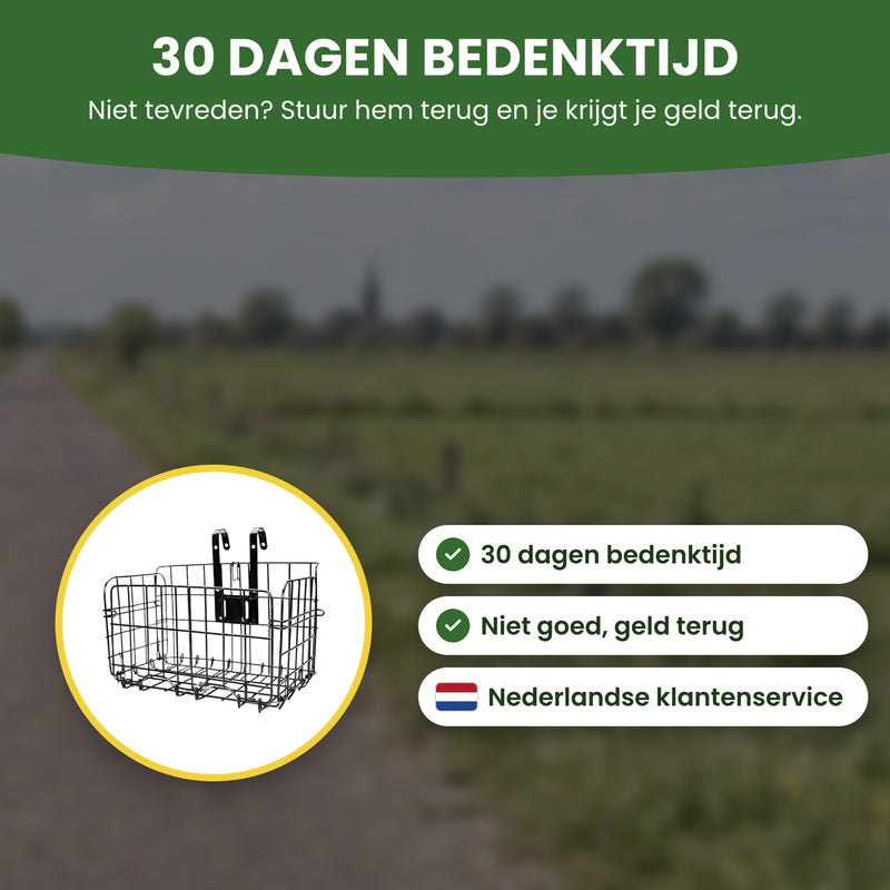 Trego fietsmand in een cirkel met de labels ‘Niet goed, geld terug’ en ‘Nederlandse klantenservice’ met een Nederlands vlaggetje: 30 dagen bedenktijd