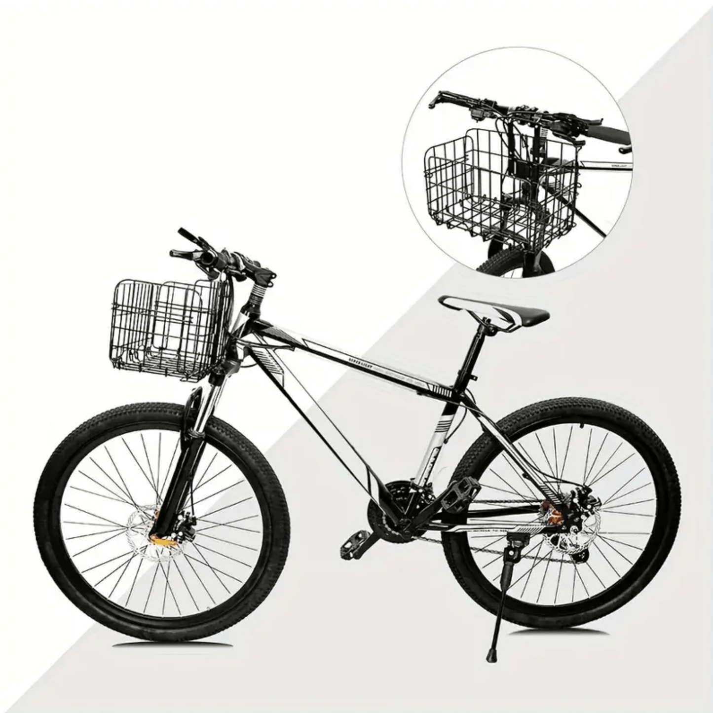 Zwarte opvouwbare Trego fietsmand gemonteerd aan het stuur van een mountainbike, zijaanzicht.