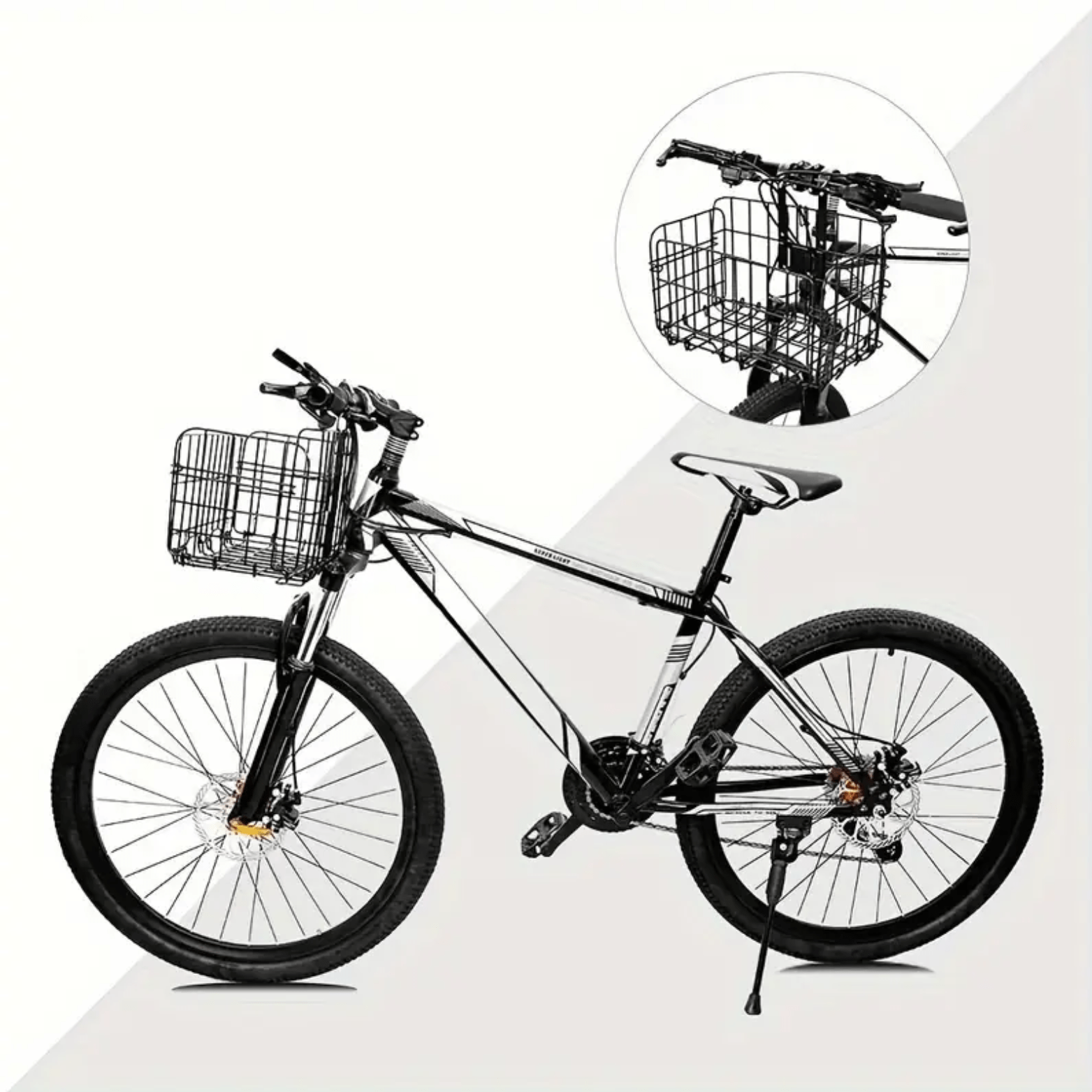 Zwarte opvouwbare Trego fietsmand gemonteerd aan het stuur van een mountainbike, zijaanzicht.