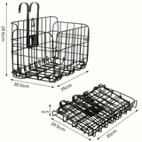 Zwarte Trego fietsmand in open en opgevouwen staat met afmetingen 35x29,5x20,5 cm in beeld.