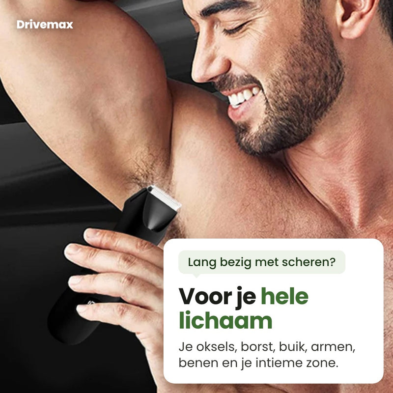 Man trimt zijn oksel met de zwarte Trimova bodygroomer: voor je hele lichaam, je oksels, borst, buik, armen, benen en je intieme zone