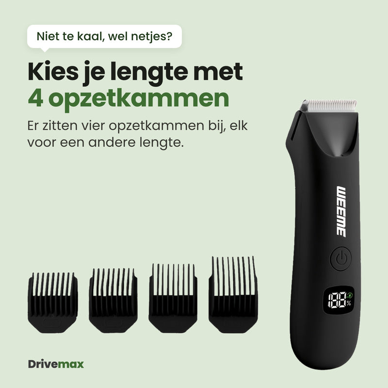 De vier opzetkammen naast de Trimova trimmer: kies je lengte, elke kam voor een andere lengte