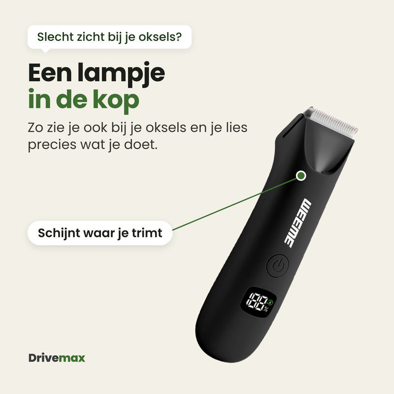 De Trimova schuin met het lampje in de kop aangewezen: zo zie je bij je oksels en je lies precies wat je doet