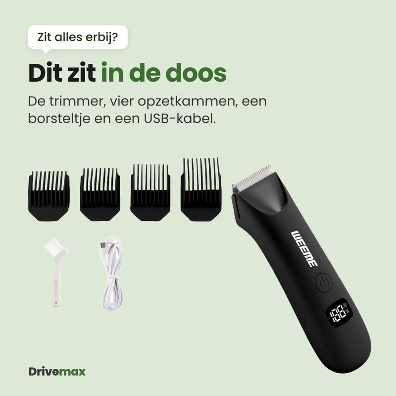 Dit zit in de doos: de Trimova trimmer, vier opzetkammen, een borsteltje en een USB-kabel