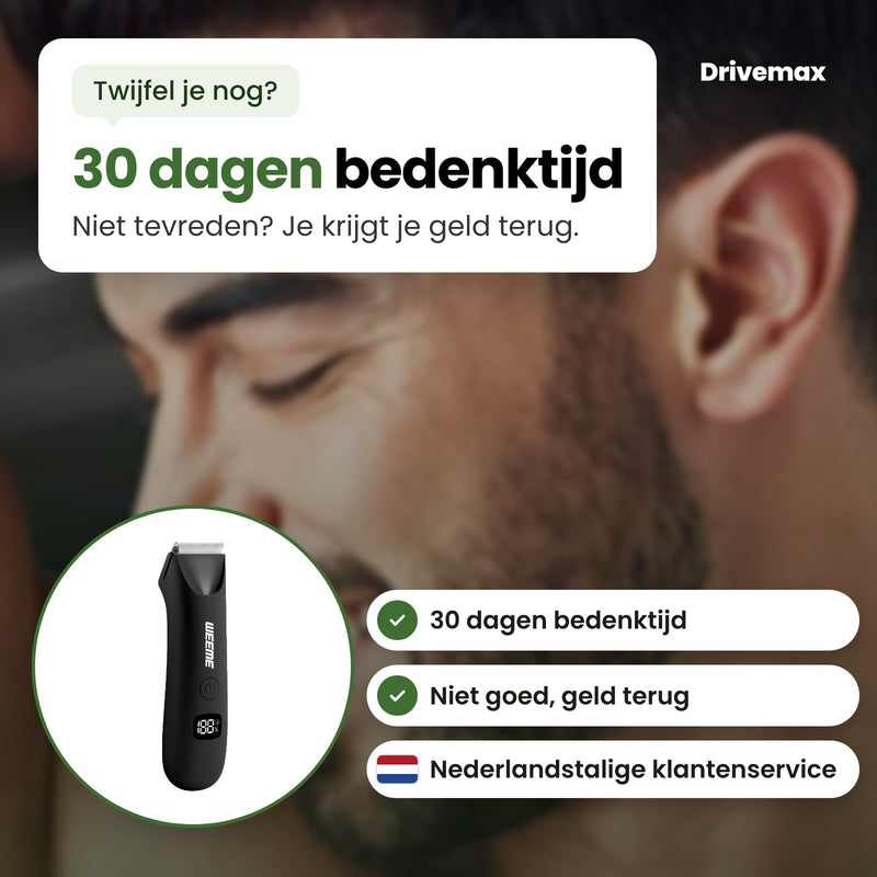 De Trimova trimmer in een cirkel, met Nederlandstalige klantenservice: 30 dagen bedenktijd, niet goed geld terug