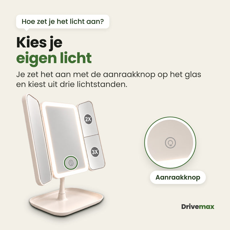 De Triova schuin naar rechts gedraaid met het licht aan rondom de middelste spiegel, en een uitvergroting van de aanraakknop op het glas: kies uit drie lichtstanden