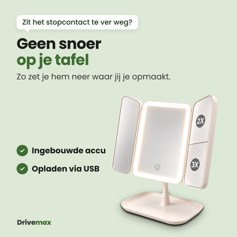 De Triova schuin van opzij met het licht aan, zonder snoer: een ingebouwde accu die je oplaadt via USB, zo zet je hem neer waar jij je opmaakt