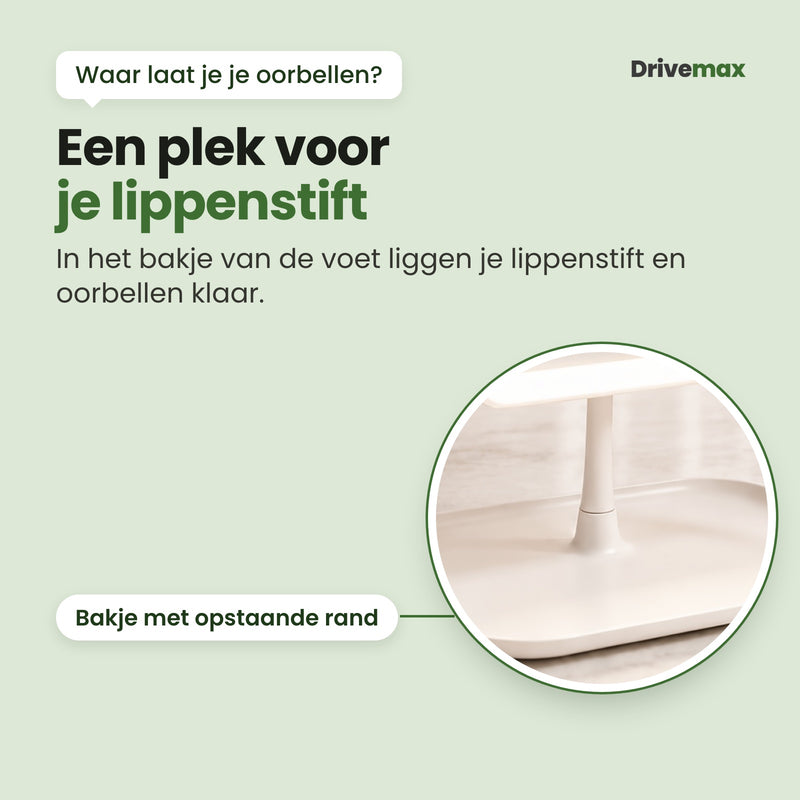 Het bakje in de voet van de Triova van dichtbij: een bakje met een opstaande rand waarin je lippenstift en oorbellen klaarliggen