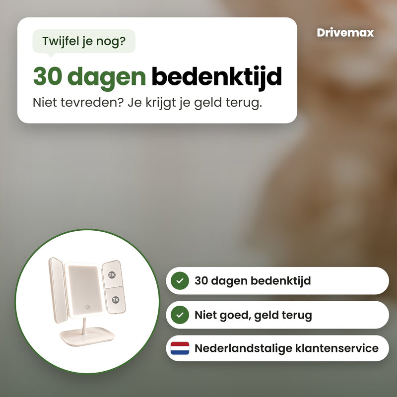 De Triova make-up spiegel in een cirkel, met Nederlandstalige klantenservice: 30 dagen bedenktijd, niet goed geld terug