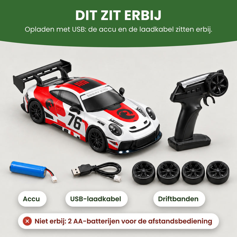 TurboRacer met afstandsbediening, accu, USB-laadkabel en driftbanden: dit zit erbij. De 2 AA-batterijen voor de afstandsbediening zitten er niet bij