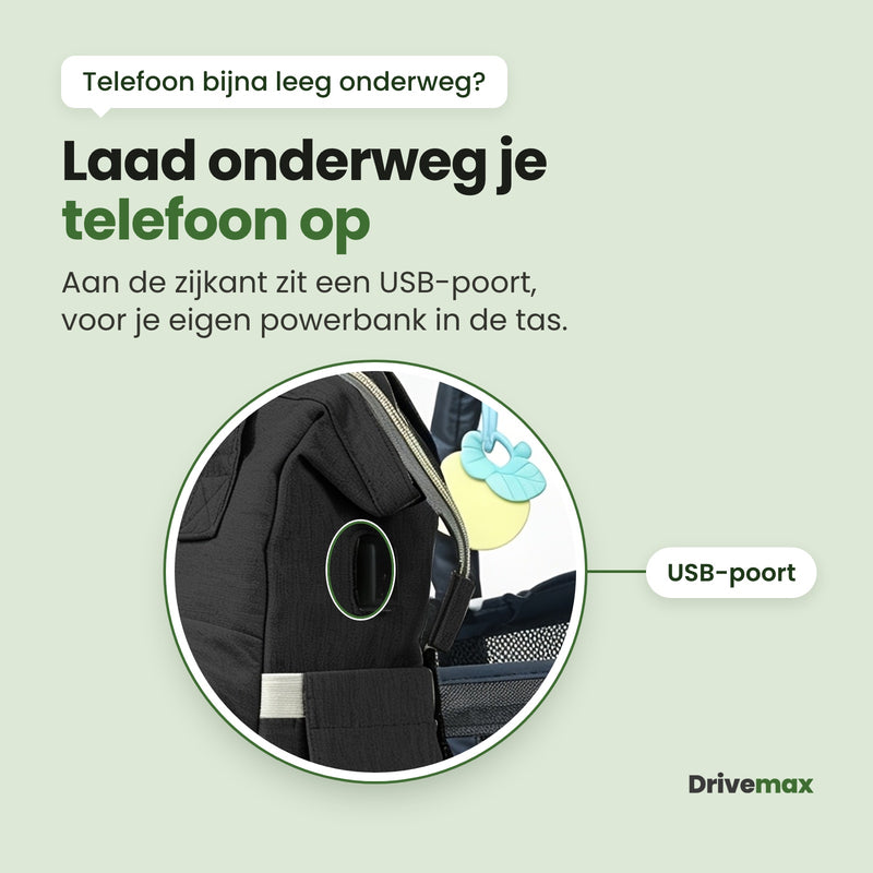 USB-poort aan de zijkant van de Ukkova luiertas rugzak van dichtbij, voor je eigen powerbank
