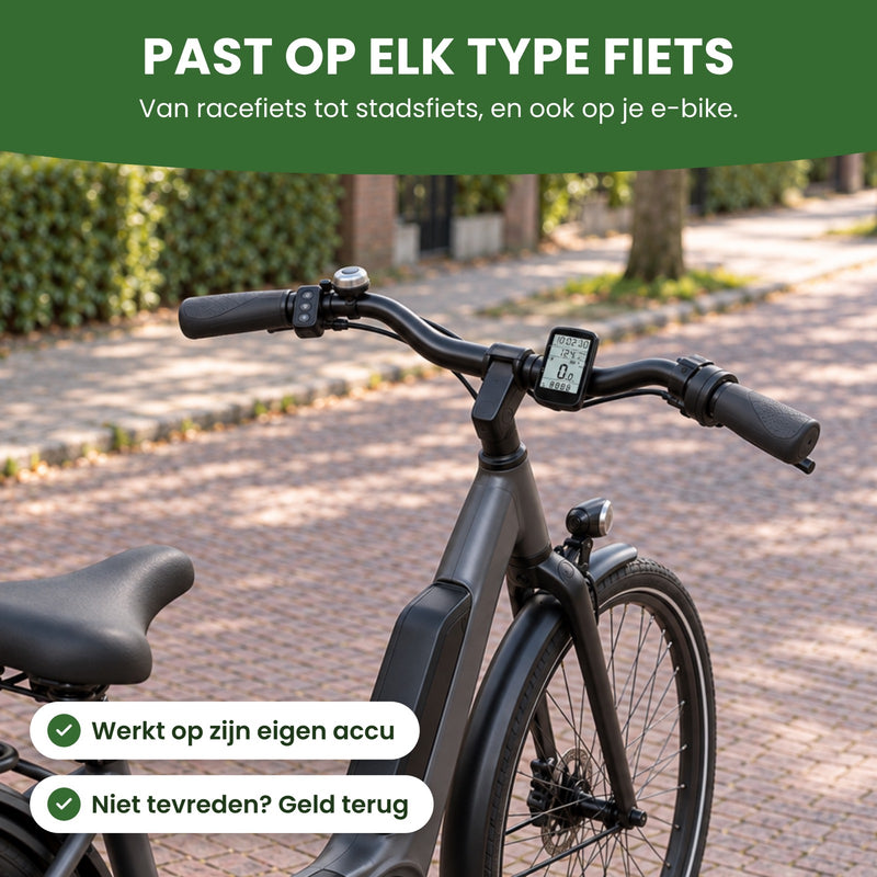 E-bike in een straat met de VeloxRide fietscomputer op het stuur: past op elk type fiets, van racefiets tot stadsfiets en e-bike