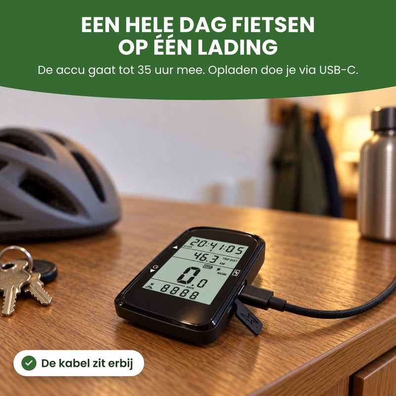 VeloxRide fietscomputer aan de USB-C-kabel op een kastje in de gang, naast een fietshelm: een hele dag fietsen op één lading