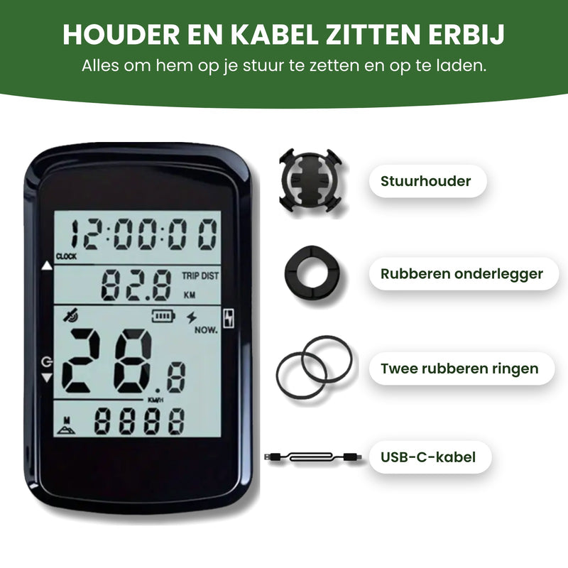 VeloxRide fietscomputer met de stuurhouder, rubberen onderlegger, twee rubberen ringen en USB-C-kabel: houder en kabel zitten erbij