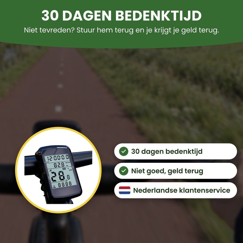 VeloxRide fietscomputer met de labels ‘Niet goed, geld terug’ en ‘Nederlandse klantenservice’ met Nederlands vlaggetje: 30 dagen bedenktijd