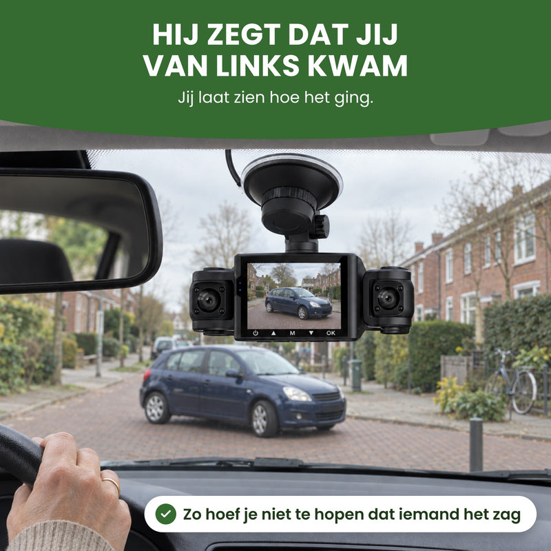 De VisionEdge 360 dashcam hangt naast de binnenspiegel en toont de auto die schuin voor je staat in een woonstraat: jij laat zien hoe het ging