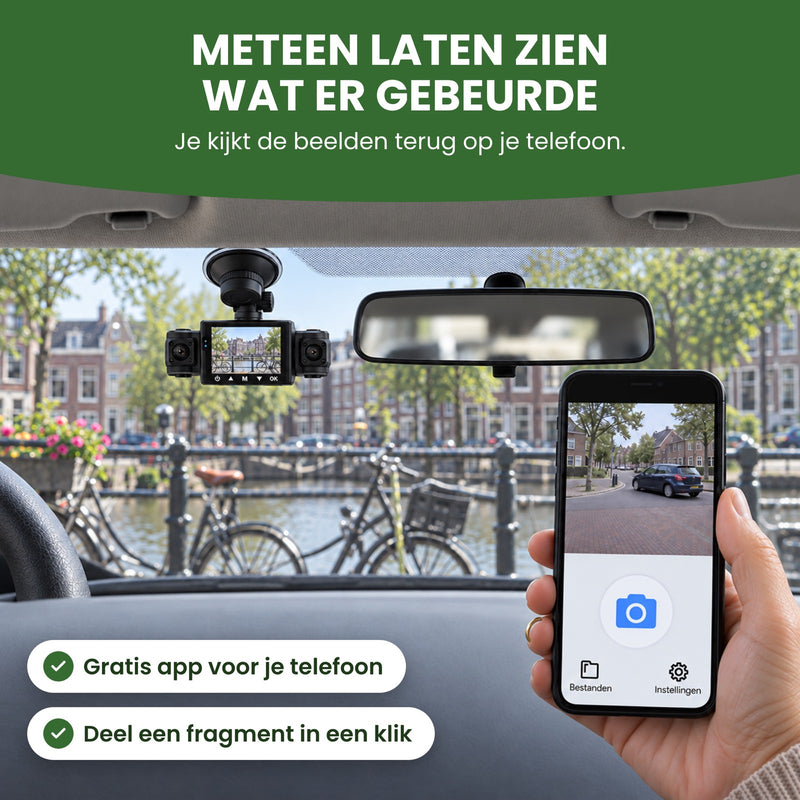 In een geparkeerde auto aan een gracht houdt een hand een telefoon met de app van de VisionEdge 360 dashcam vast: je kijkt de beelden terug