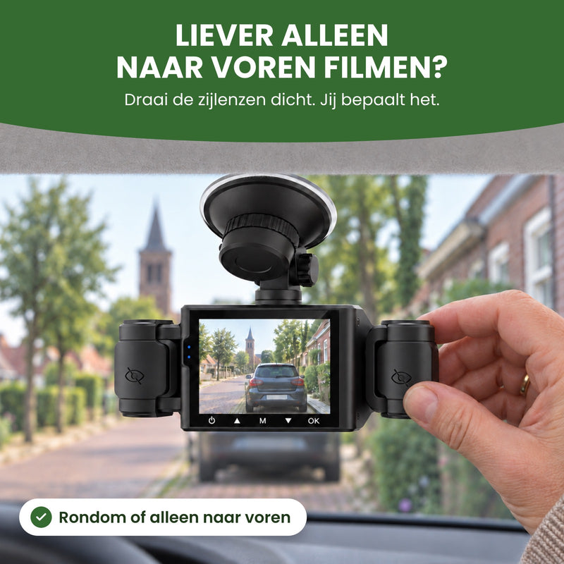 In een geparkeerde auto draait een hand een zijlens van de VisionEdge 360 dashcam dicht: je filmt rondom of alleen naar voren