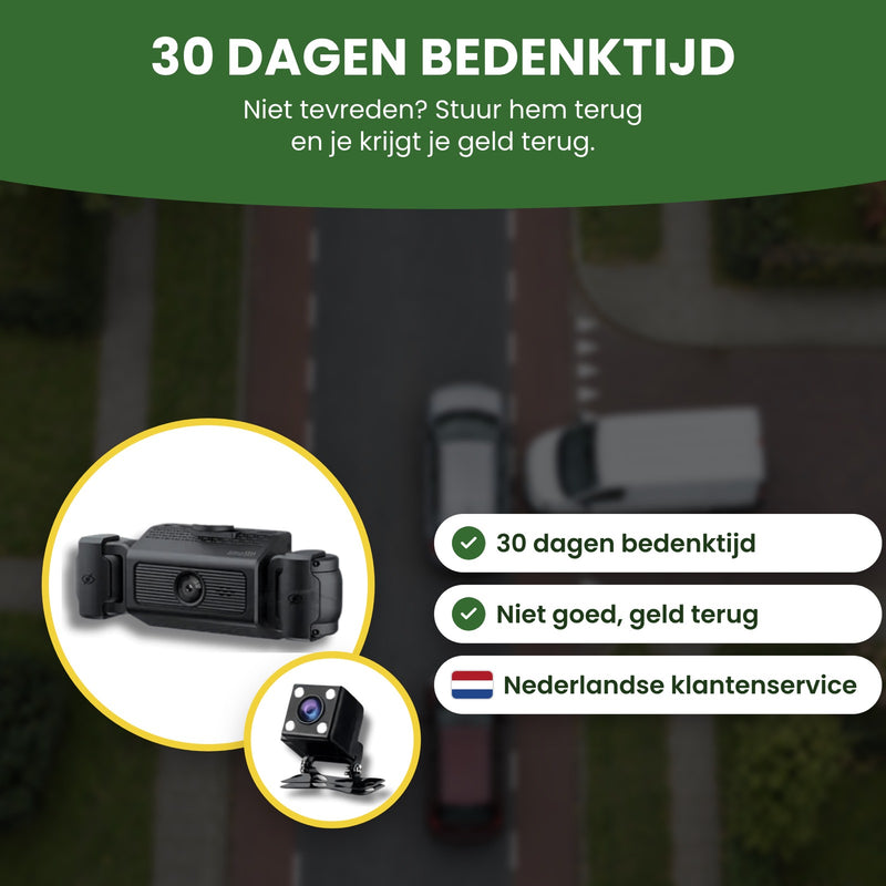 VisionEdge 360 dashcam met achtercamera: 30 dagen bedenktijd, niet goed geld terug en Nederlandse klantenservice