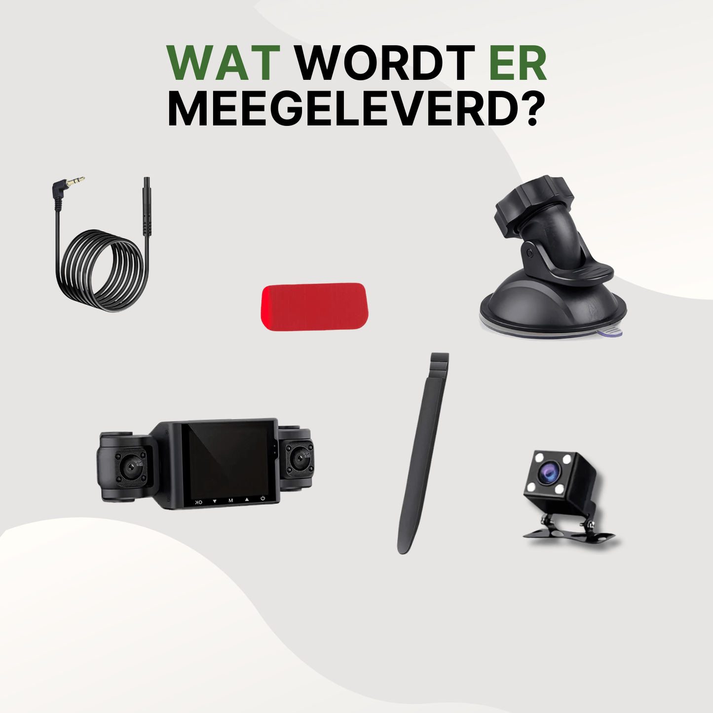 Complete VisionEdge dashcam set met hoofdunit, zuignap, achtercamera, kabel, montagetool en plakstrip.