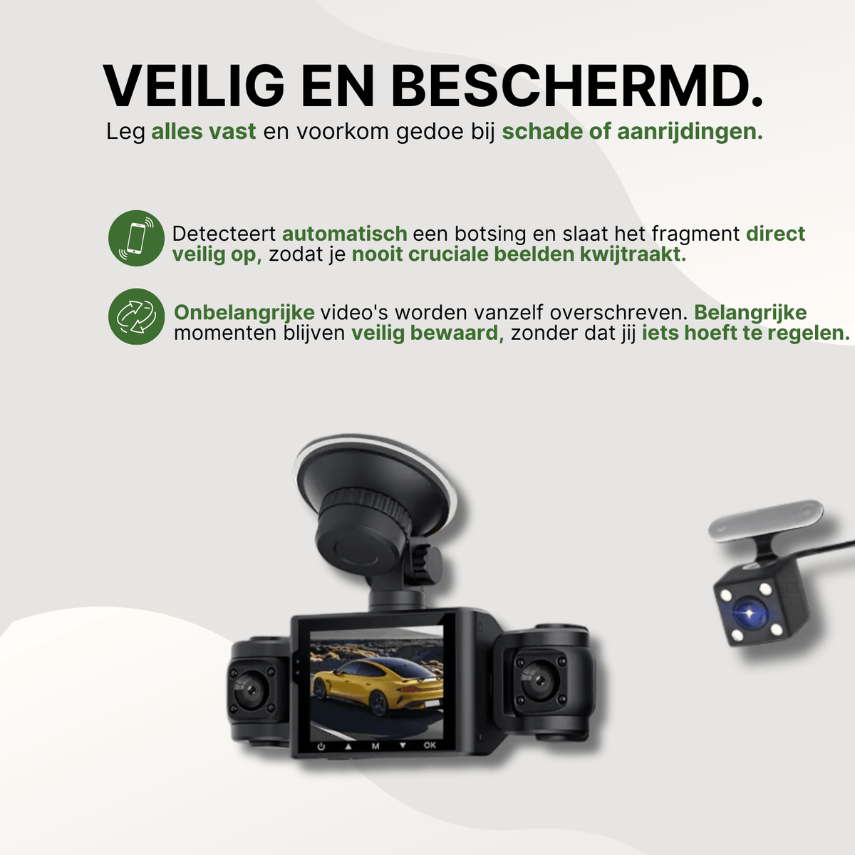 Zwarte VisionEdge dashcam met botsdetectie en automatische opslag, toont opname van gele sportauto.