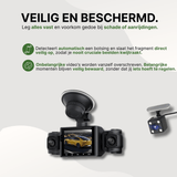 Zwarte VisionEdge dashcam met botsdetectie en automatische opslag, toont opname van gele sportauto.