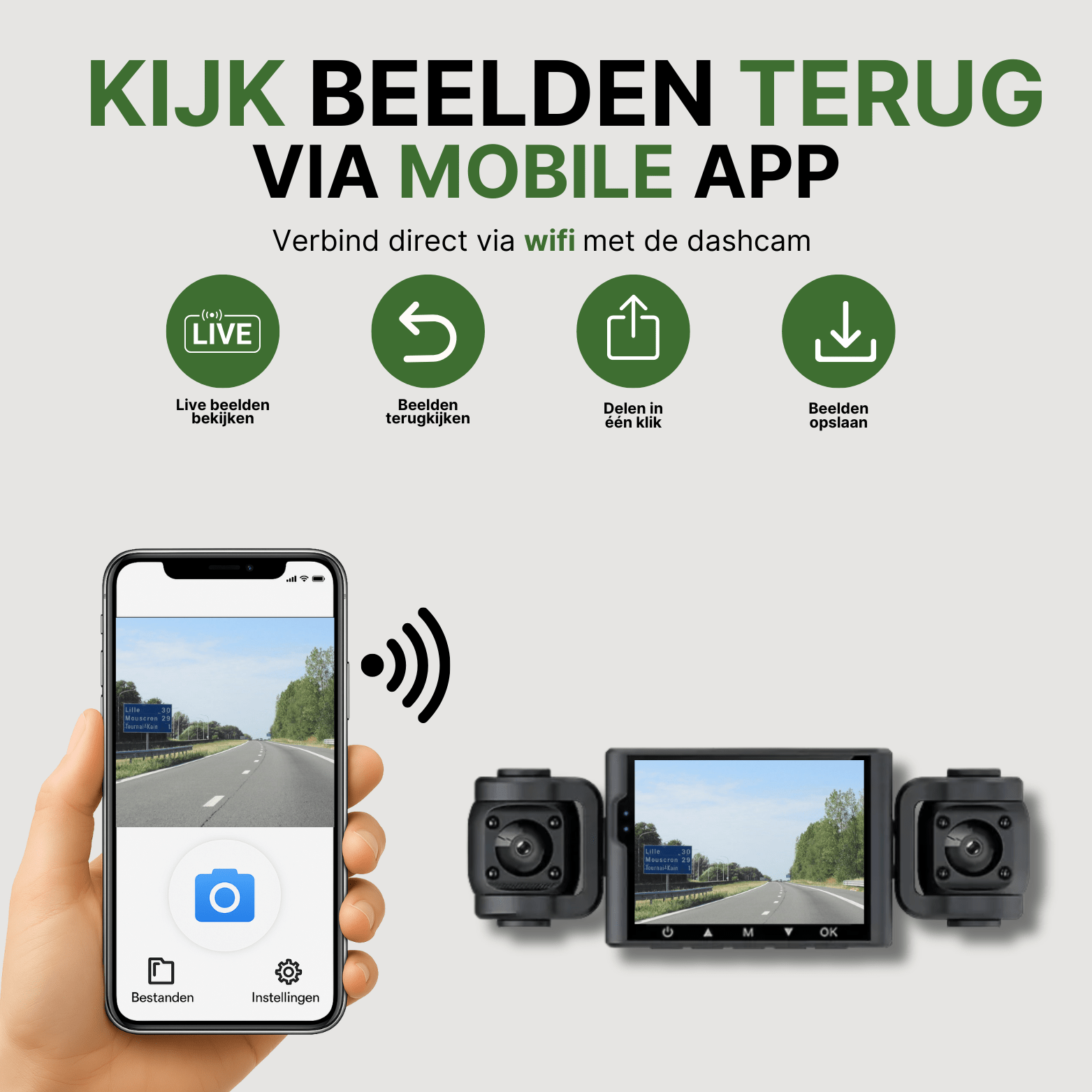 Zwarte VisionEdge dashcam met wifi, toont live beelden via mobiele app op smartphone.