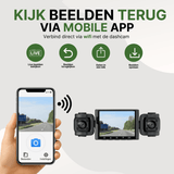 Zwarte VisionEdge Pro dashcam met wifi, verbonden met smartphone voor live videoweergave via app.